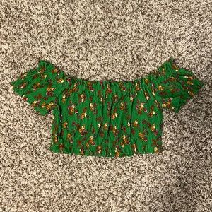 Topshop green pink gold floral off shoulder crop top size 8